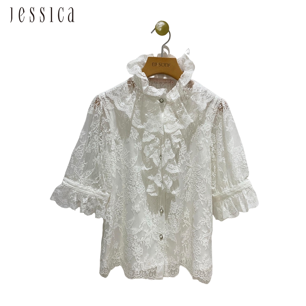 JESSICA - 氣質甜美荷葉邊領五分袖蕾絲襯衫224134