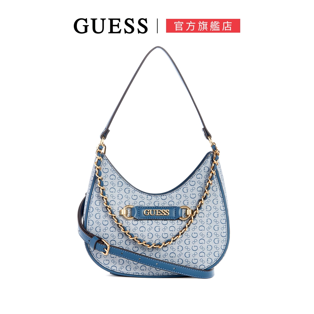 GUESS-女包-經典LOGO皮扣環鍊條手提肩背包-藍