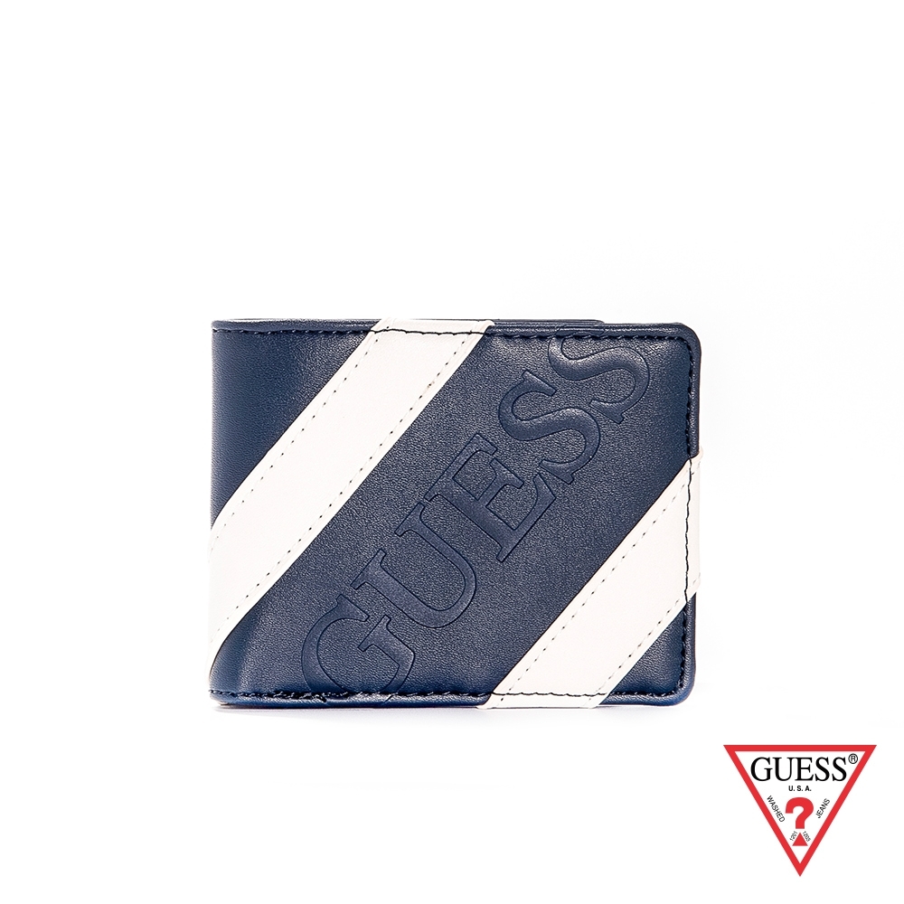 GUESS-男夾-藍白斜紋皮革短夾-藍 原價1290