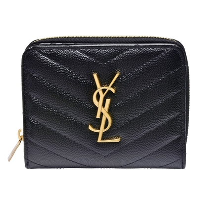 YSL 經典品牌LOGO粒紋牛皮暗釦對折短夾(黑)