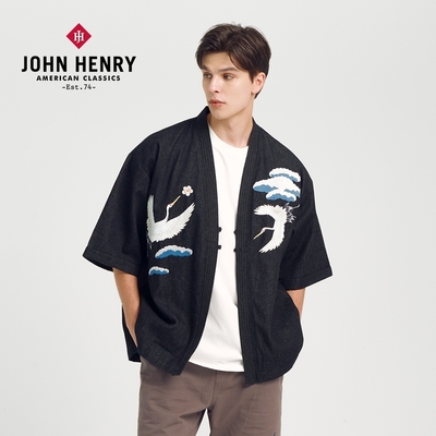 JOHN HENRY 日系和服雲鶴刺繡丹寧外套-黑色