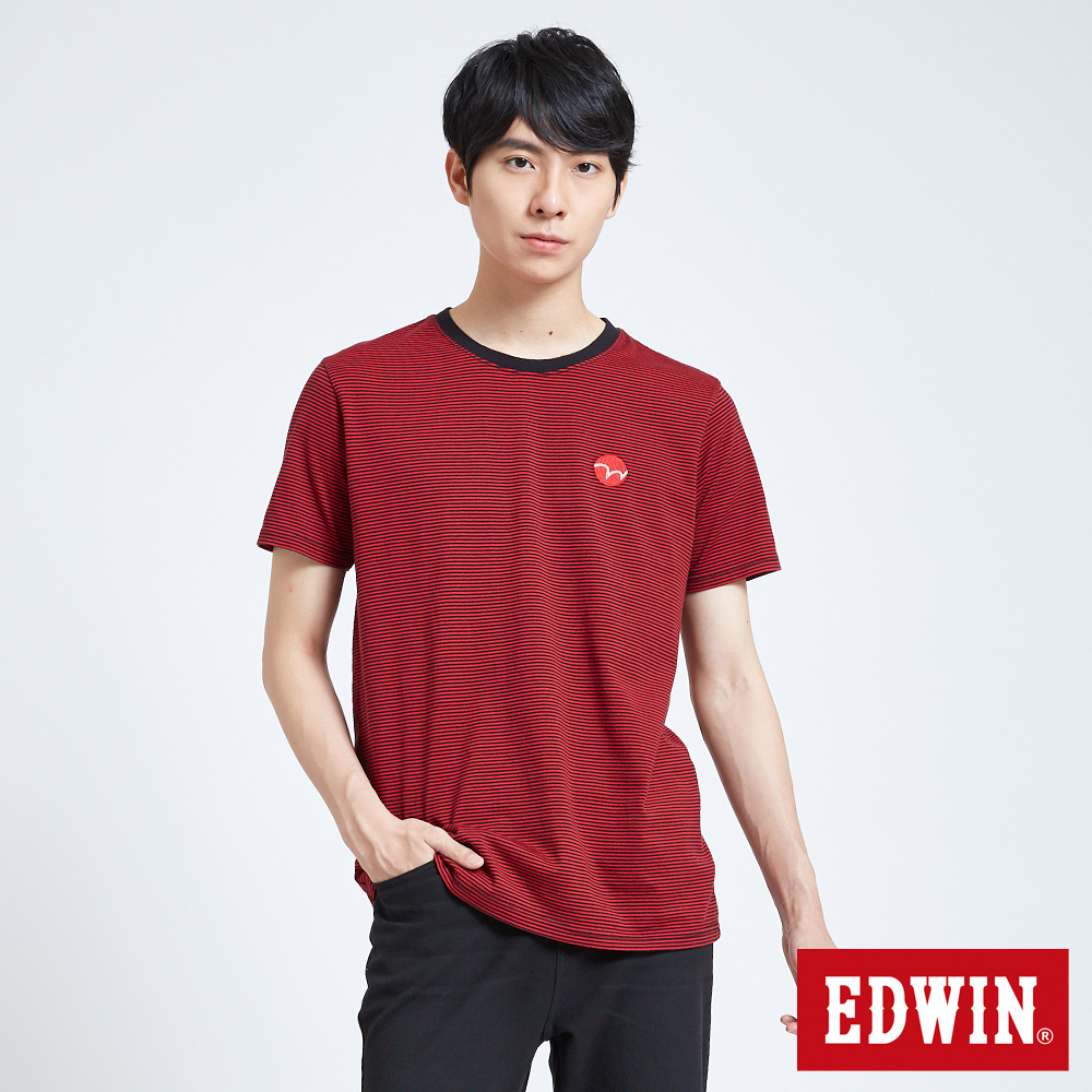 EDWIN 搖滾不死 EDGE LOGO條紋短袖T恤-男-紅色