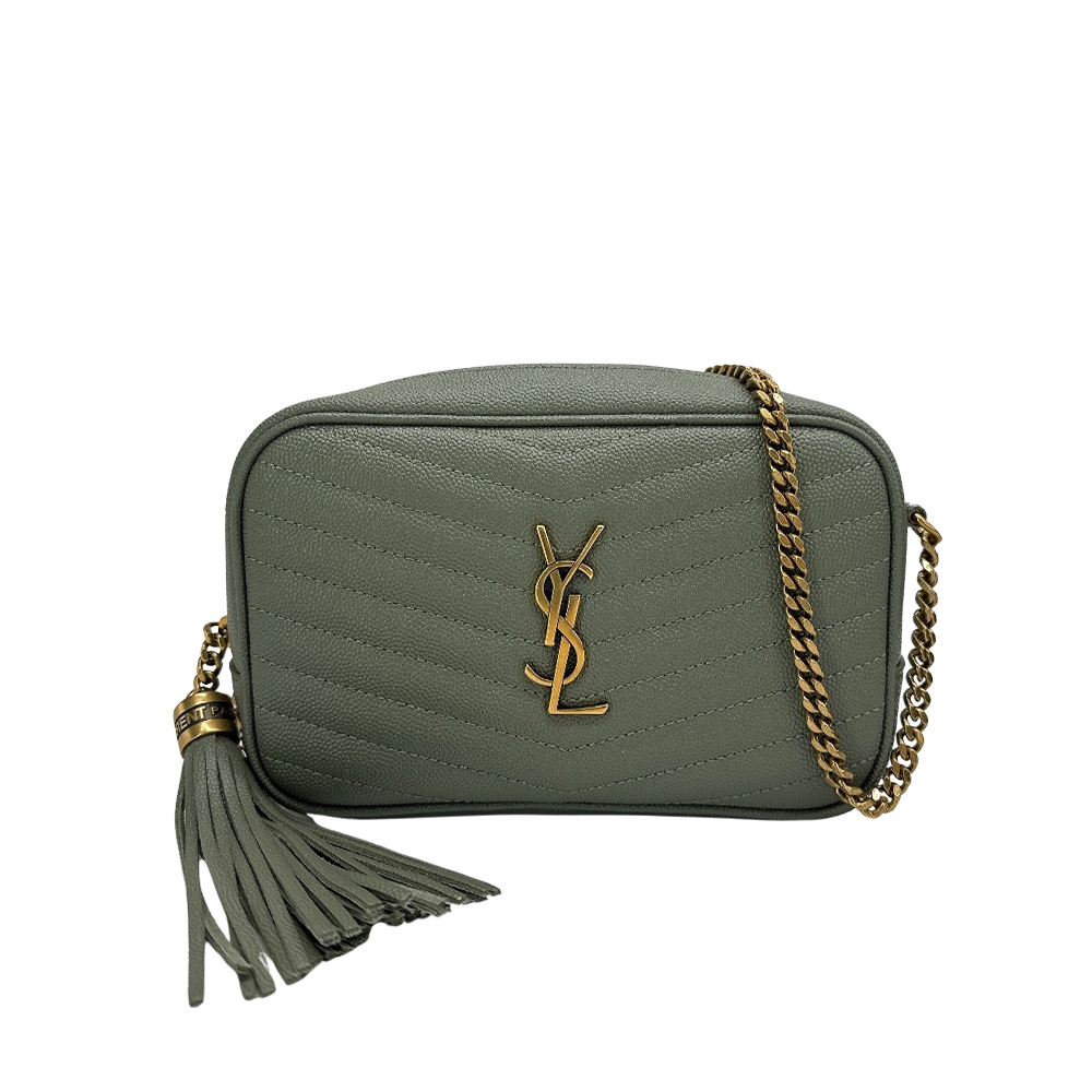 YSL Monogram 粒紋牛皮金logo拉鍊流蘇斜背包(612579-草綠)