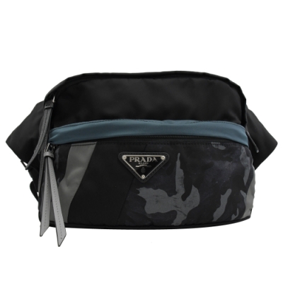 PRADA 三角LOGO經典尼龍拉鍊胸口包/腰包(黑/藍)