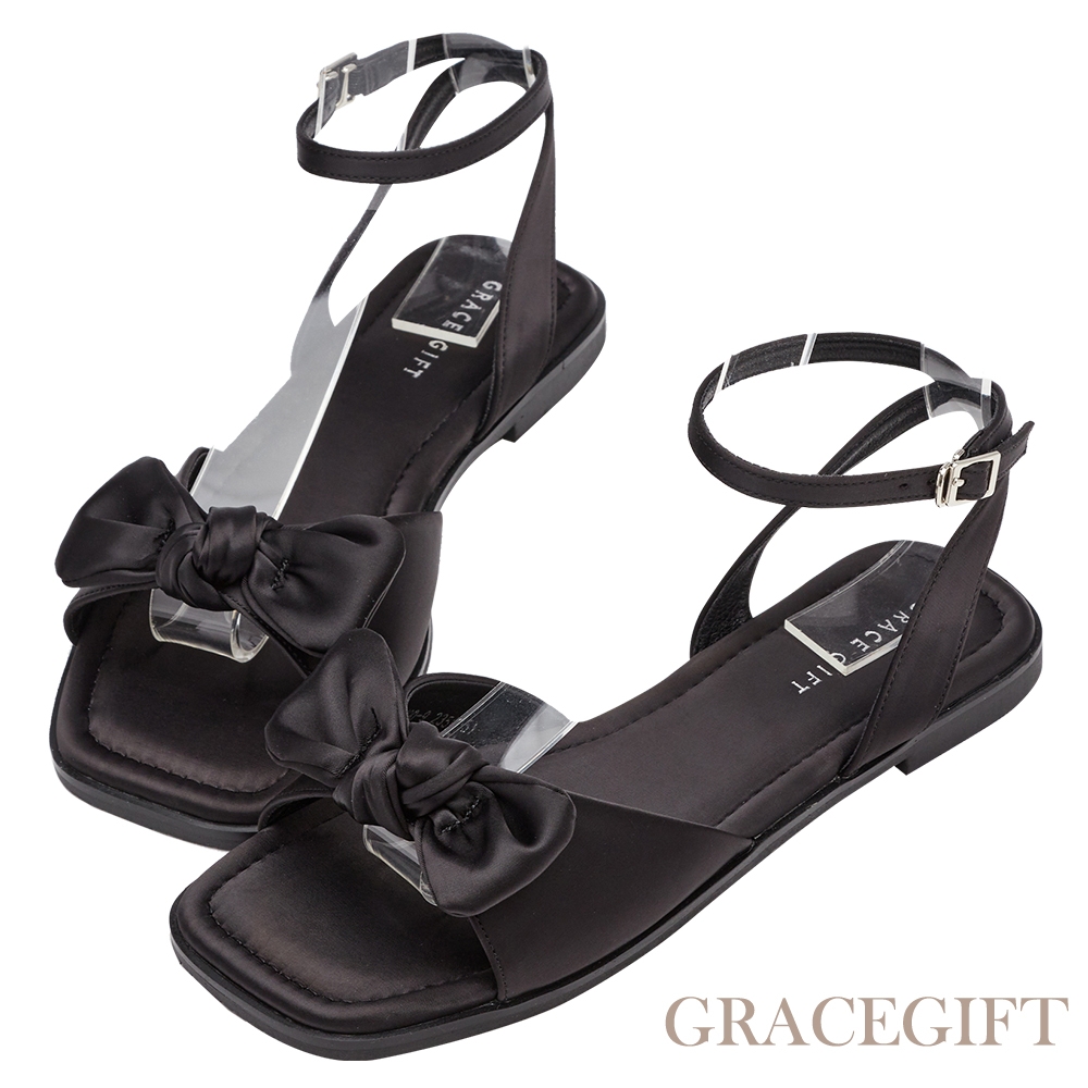【Grace Gift】立體蝴蝶結方頭繞踝平底涼鞋 黑