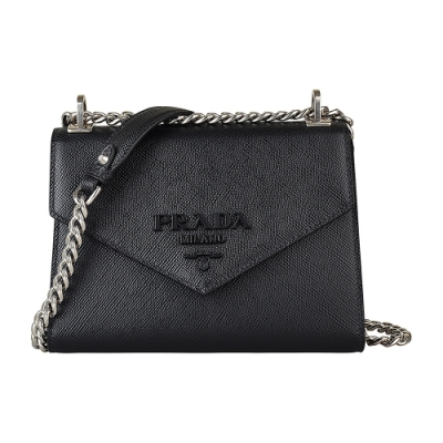 PRADA 普拉達 Saffianoco黑字母LOGO防刮牛皮釦式斜背包(黑)