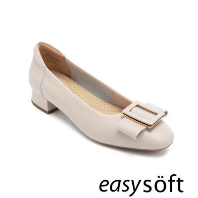 Easy-Spirit-GARRY 方釦質感圓頭低跟鞋-白色