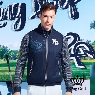 【KING GOLF】男款鋪棉立領厚款拉鍊高爾夫球外套背心-深藍色