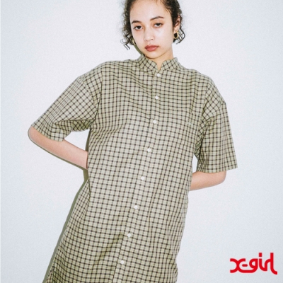 X-girl MAO COLLAR PLAID DRESS OVERSIZE襯衫-亮綠