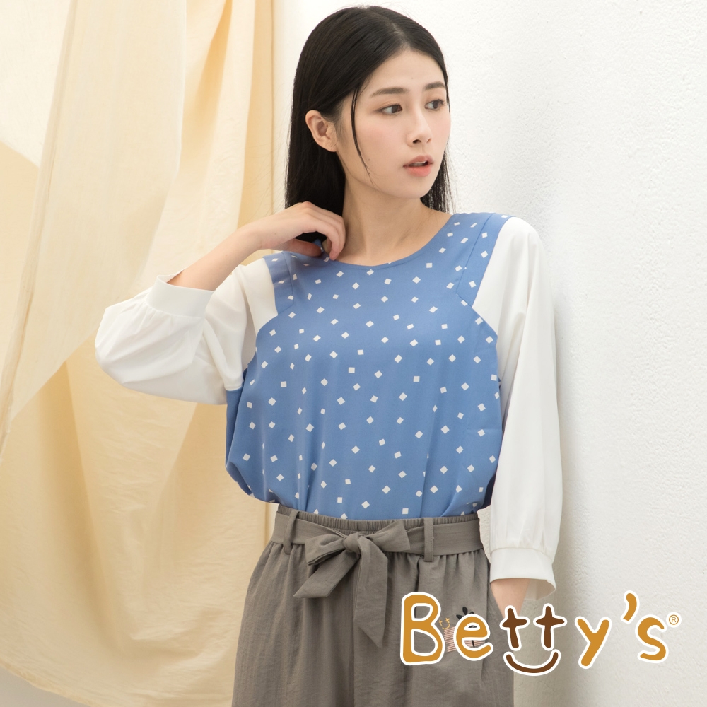 betty’s貝蒂思　點點印花布拼接雪紡上衣(淺藍)