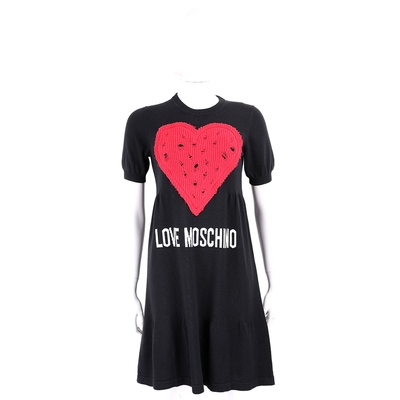 LOVE MOSCHINO 破損愛心補丁字母純棉黑色短袖針織洋裝