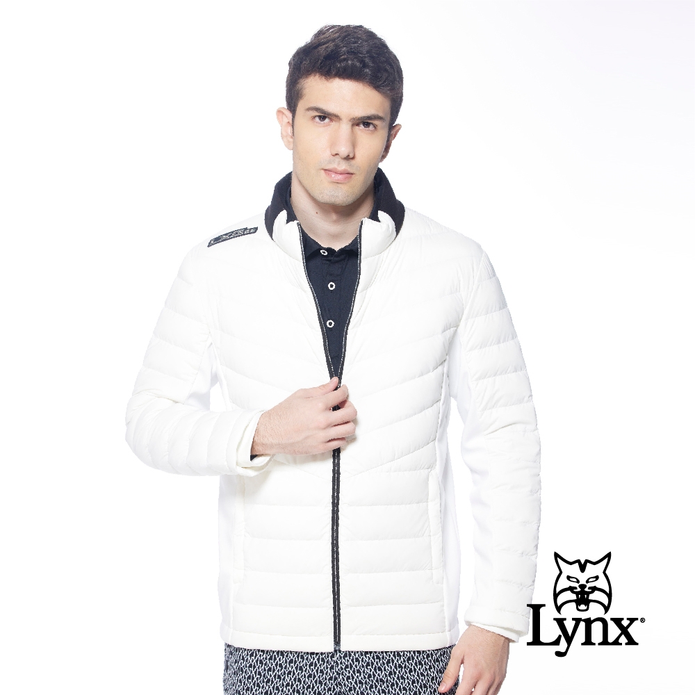 【Lynx Golf】korea男款羅紋配色領拉鍊口袋羽絨長袖外套-白色