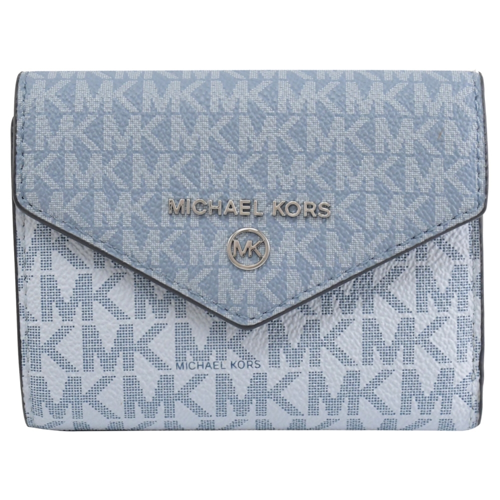 MICHAEL KORS Jet Set Charm 金屬MK LOGO經典印花釦式三折短夾(淡藍)