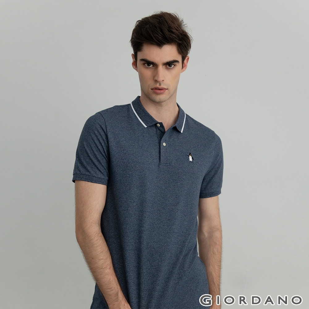 GIORDANO   男裝素色企鵝刺繡POLO衫 - 11 藍白混色紗