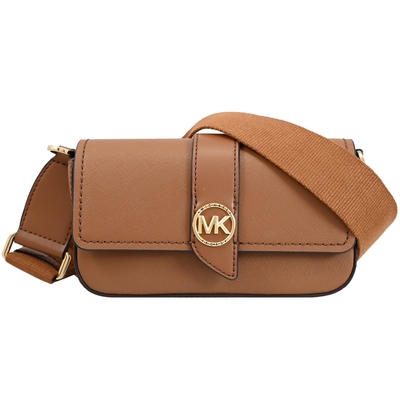 MICHAEL KORS Greenwich 金屬LOGO寬背帶翻蓋斜背包(焦糖棕)