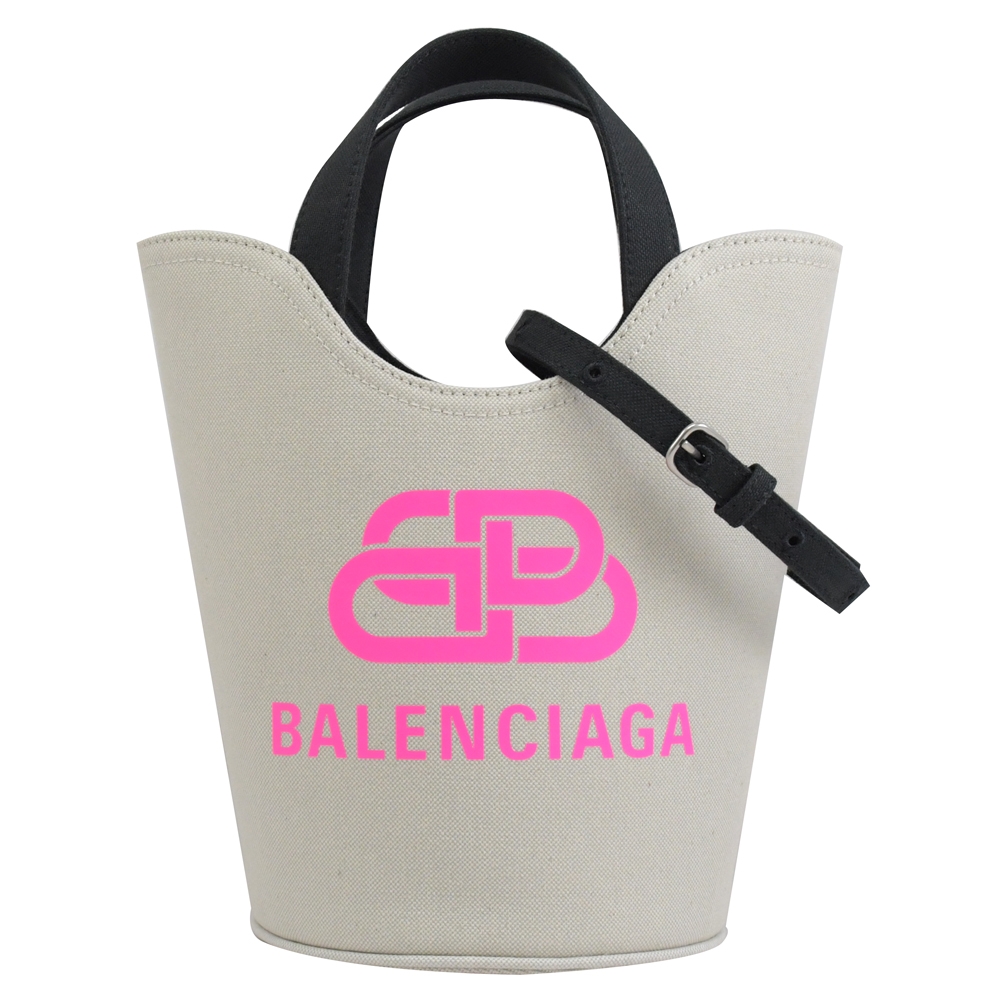 BALENCIAGA 大LOGO素色帆布手提兩用水桶包(米/亮桃)