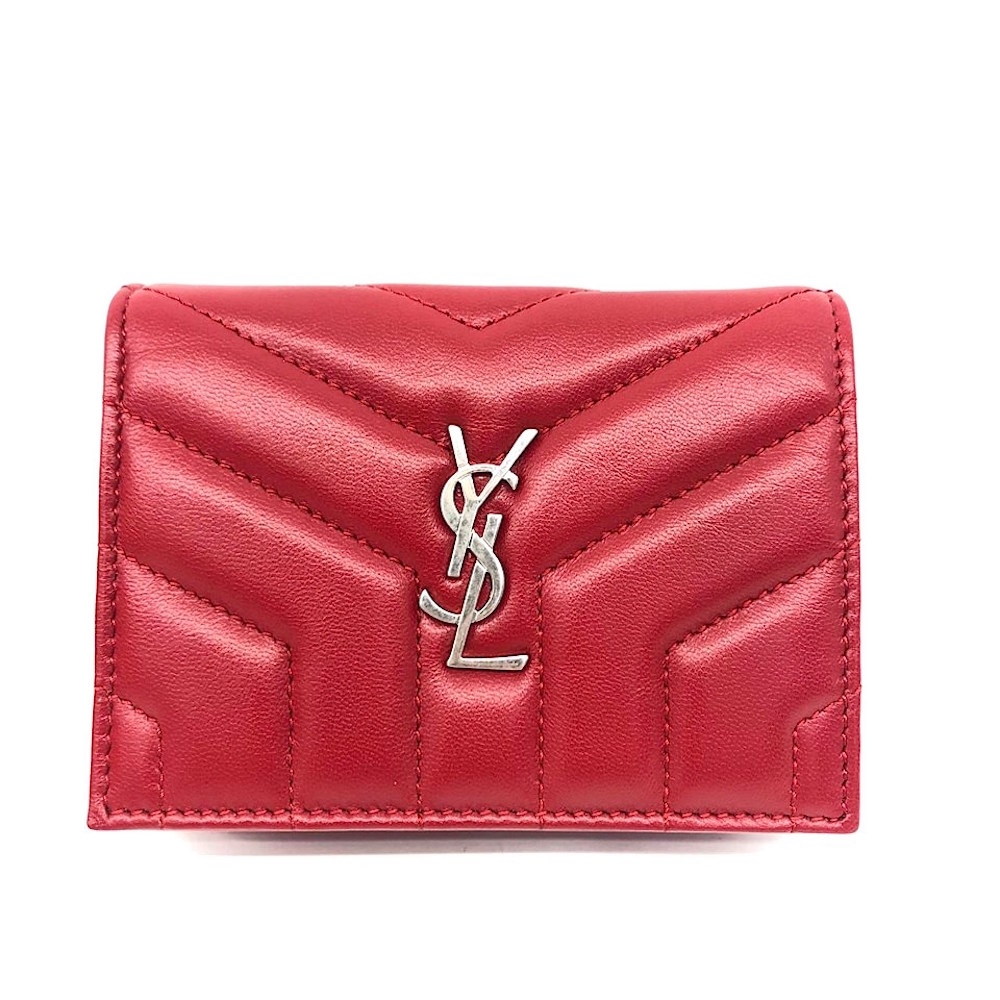 YSL Saint Laurent LOULOU系列銀字絎縫小牛皮短夾(紅色)