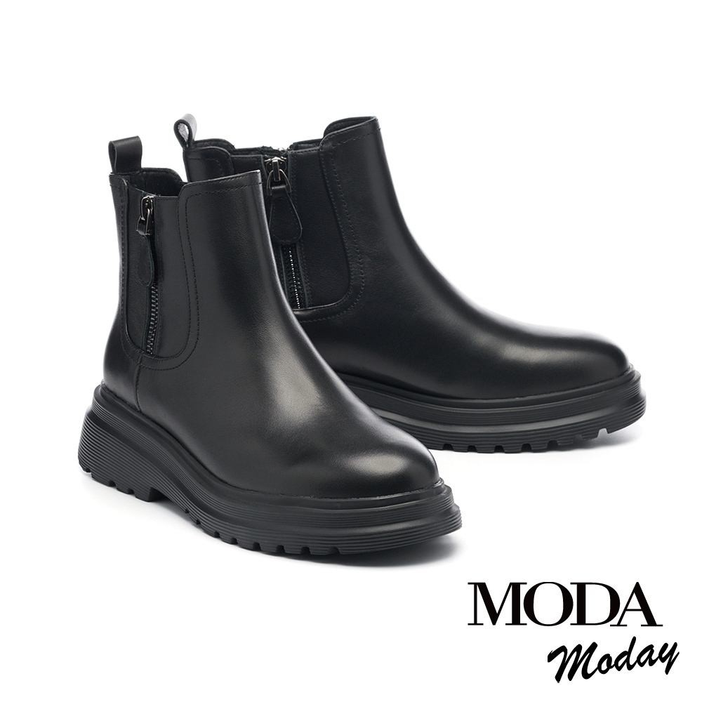 短靴 MODA MODAY 極簡質感純色牛油皮厚底短靴－黑