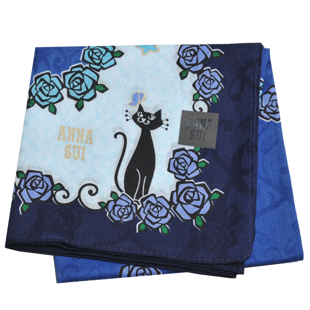 ANNA SUI 可愛黑貓玫瑰圖騰浮水印玫瑰字母LOGO帕領巾(藍色系)