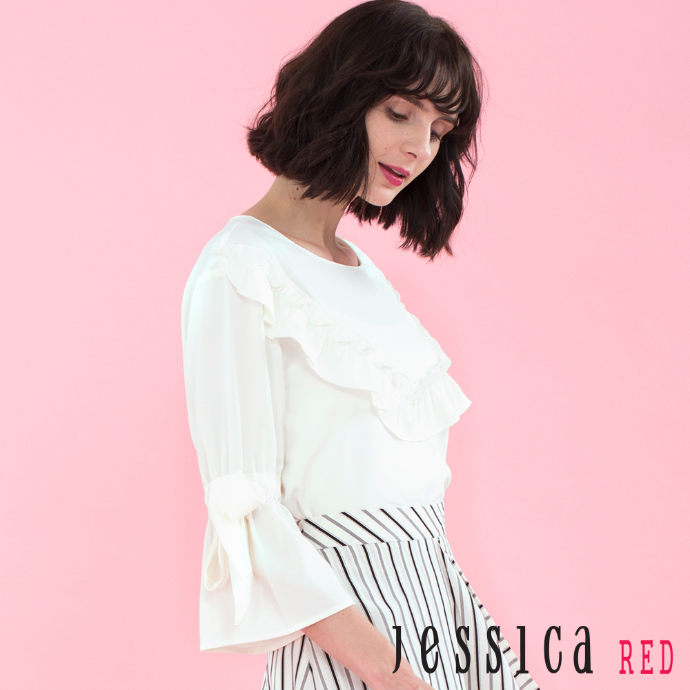 JESSICA RED - 綁帶荷葉袖設計上衣（白）