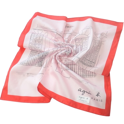 agnes b 巴黎Rue du Jour的NO.1店圖騰LOGO帕領巾(粉紅色系/紅邊)