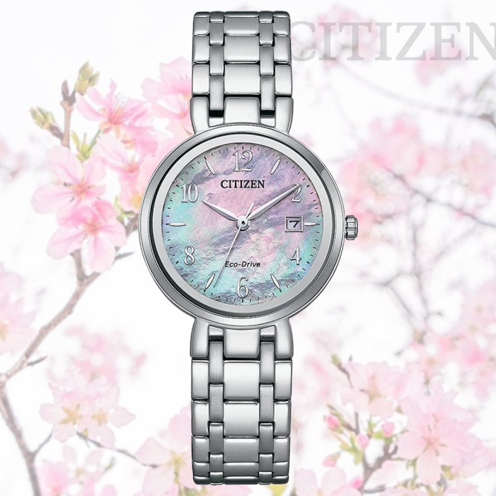 CITIZEN 星辰 LADYS 光動能 菱格紋白蝶貝錶盤淑女腕錶-銀28.3mm EW2690-81Y