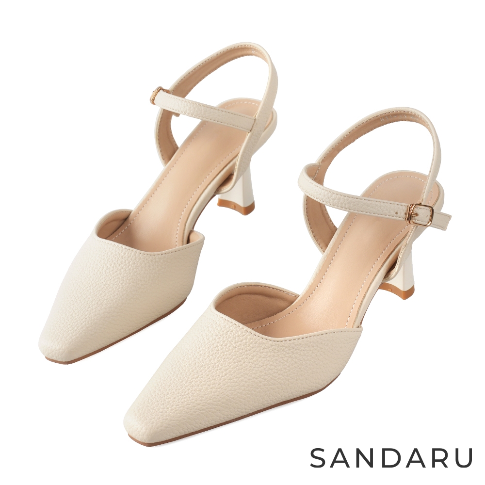山打努SANDARU-跟鞋 法式尖頭荔枝紋皮革繞踝高跟鞋-杏