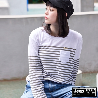 JEEP 女裝 經典簡約條紋休閒長袖T恤-白色