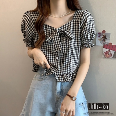 JILLI-KO 法式格子設計感泡泡袖短款上衣- 黑色