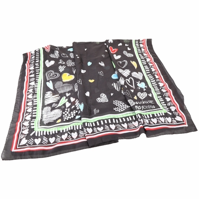 BOUTIQUE MOSCHINO 愛心塗鴉黑色絲棉混紡方型披肩 圍巾(135x135)