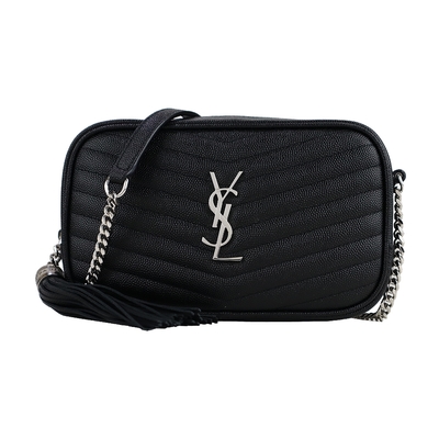 YSL V字縫線魚子醬牛皮金屬LOGO流蘇相機包(銀X黑)