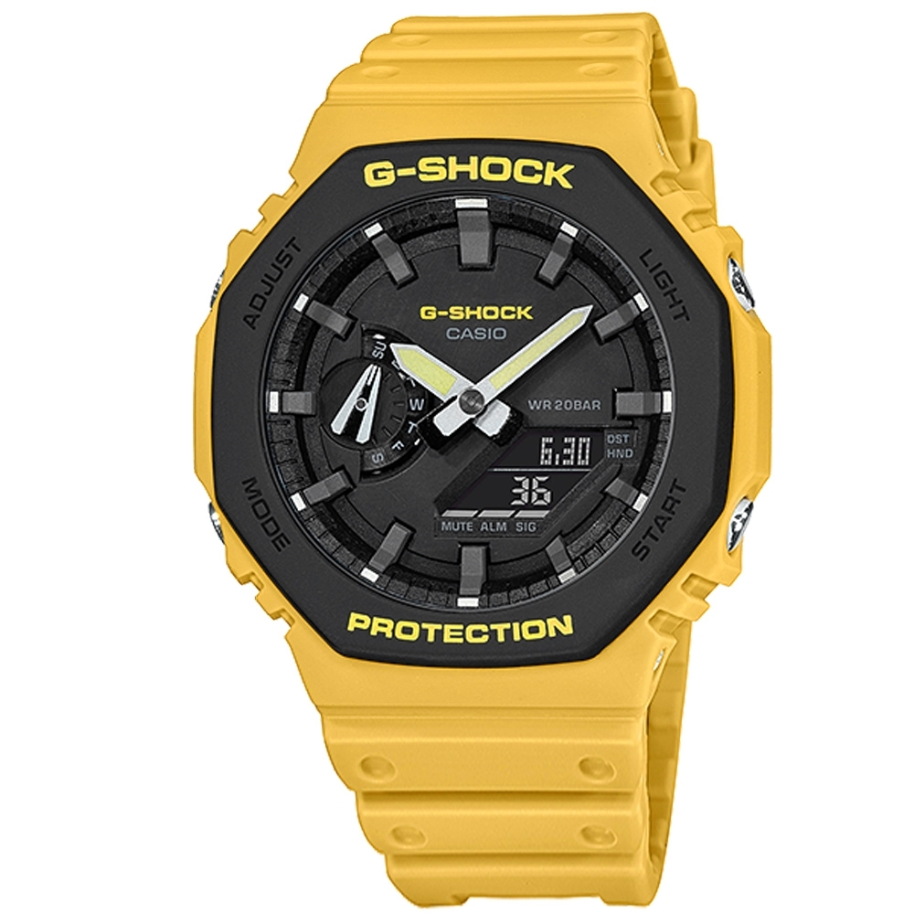 G-SHOCK CASIO 街頭風八角型雙顯防水橡膠手錶-黃色/45mm | G-SHOCK