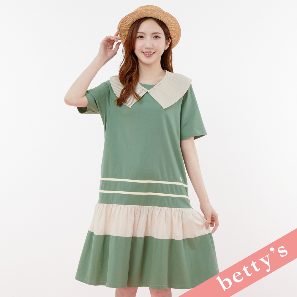 betty’s貝蒂思　百褶領片撞色拼接短袖洋裝(綠色)