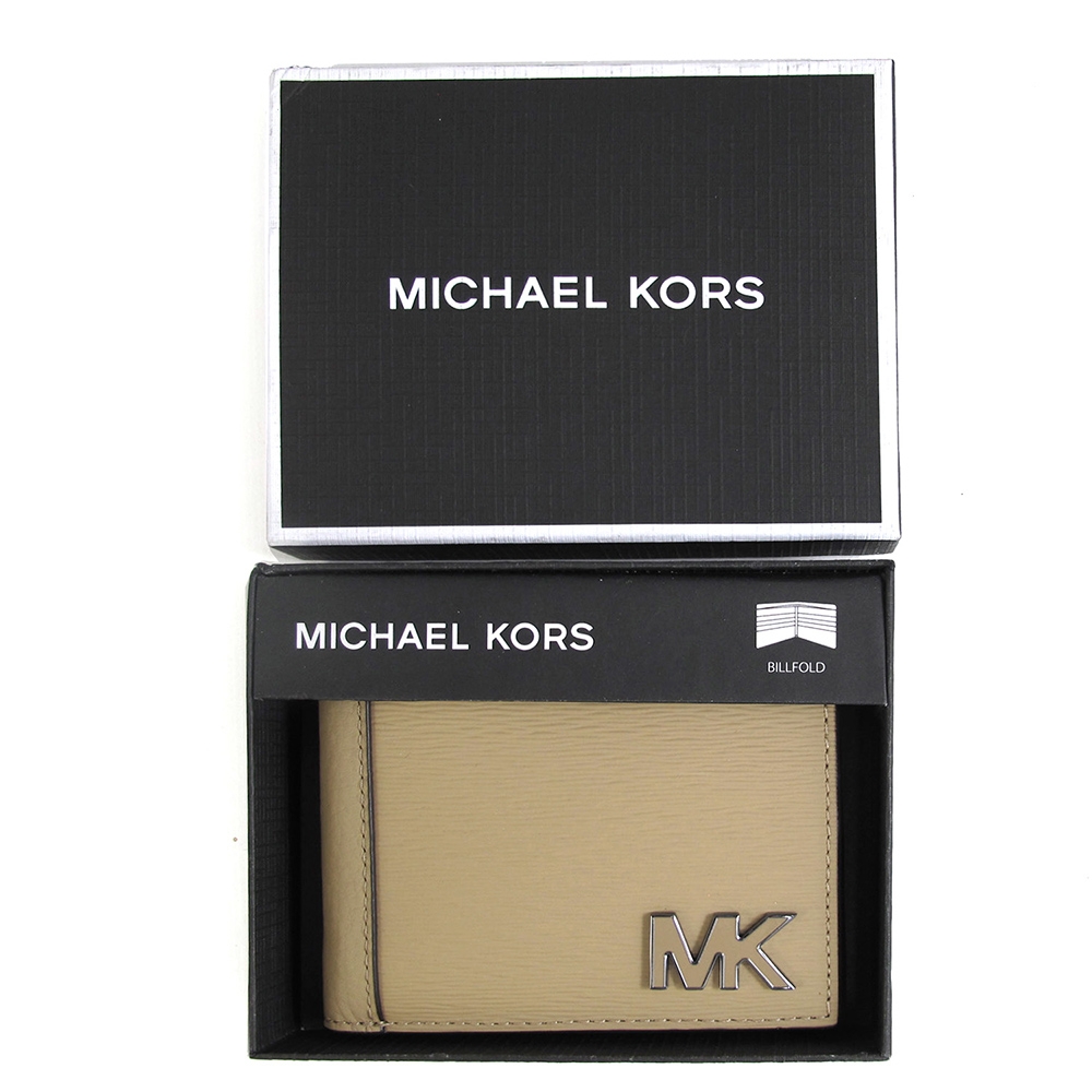 MICHAEL KORS Hudson 立體MK Logo水波紋皮革雙鈔票層對開式短夾禮盒(駝色)