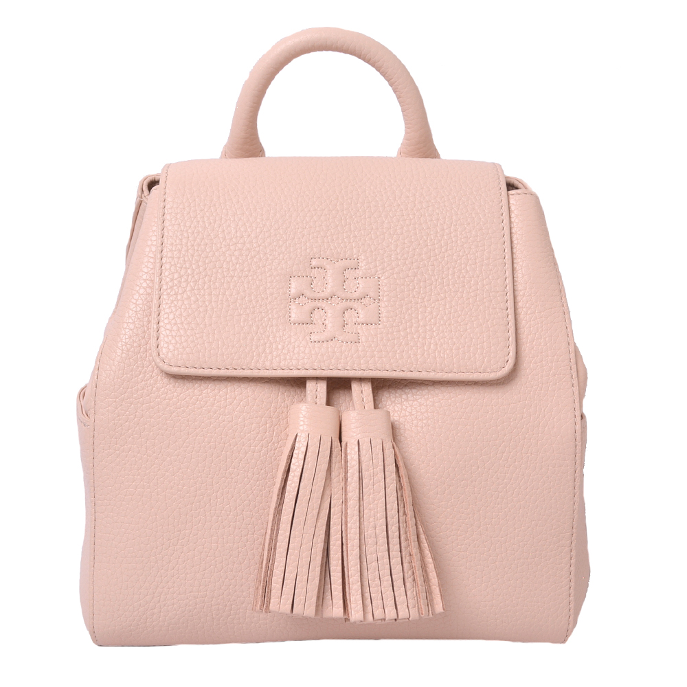 TORY BURCH THEA 流蘇飾荔枝紋精緻LOGO翻蓋束口後背包-芭蕾粉(mini)