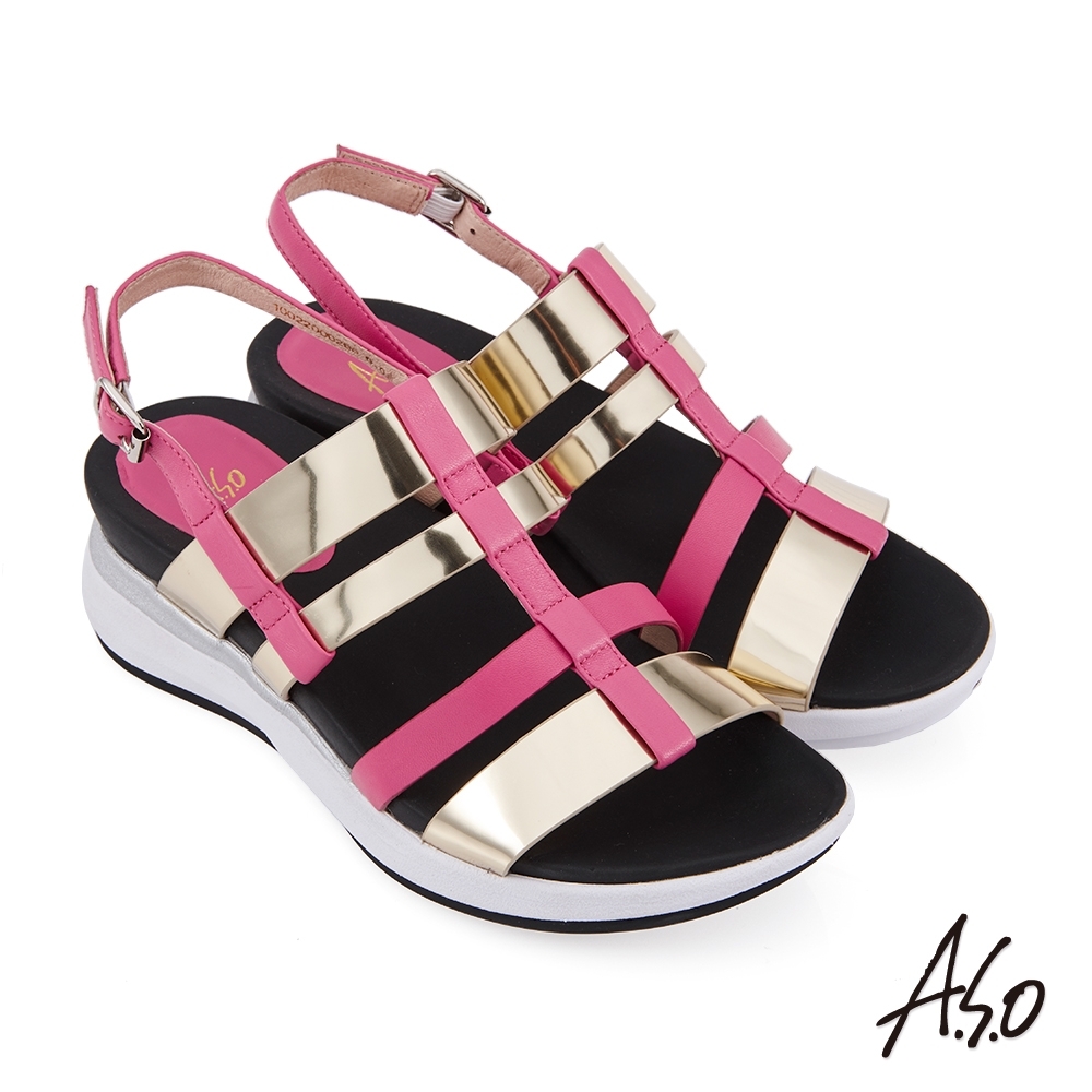 A.S.O 輕穩氣墊鞋金屬條帶羊皮休閒涼鞋-桃粉紅