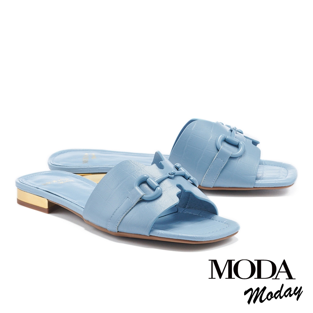 拖鞋  MODA MODAY 簡約質感馬銜釦壓紋方頭低跟拖鞋－藍