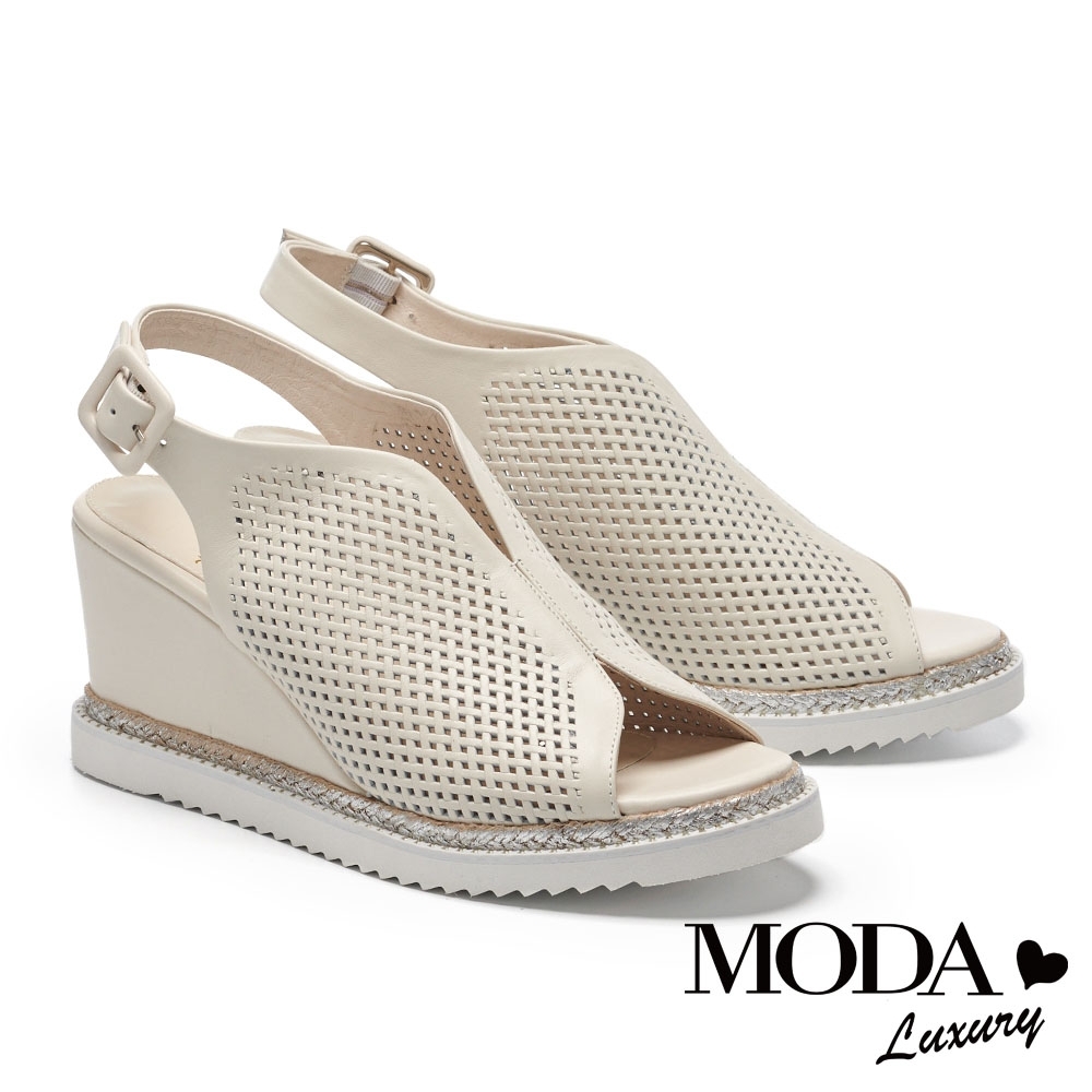 涼鞋 MODA Luxury 俐落沖孔牛皮魚口楔型涼鞋－米
