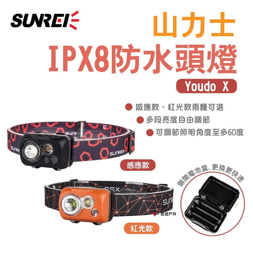 SUNREI 山力士 IPX8 防水 頭燈 YoudoX 感應款 紅光款 多段調光 防水 悠遊戶外