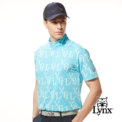 【Lynx Golf】男款吸溼排汗機能滿版LXG字樣印花山貓織標短袖立領POLO衫/高爾夫球衫-水藍色