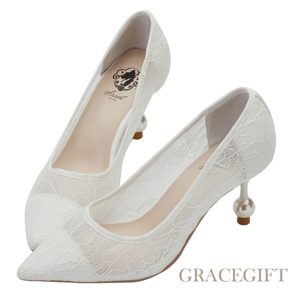 【Grace Gift】公主系列婚鞋-小美人魚浪漫蕾絲珍珠跟鞋 米白