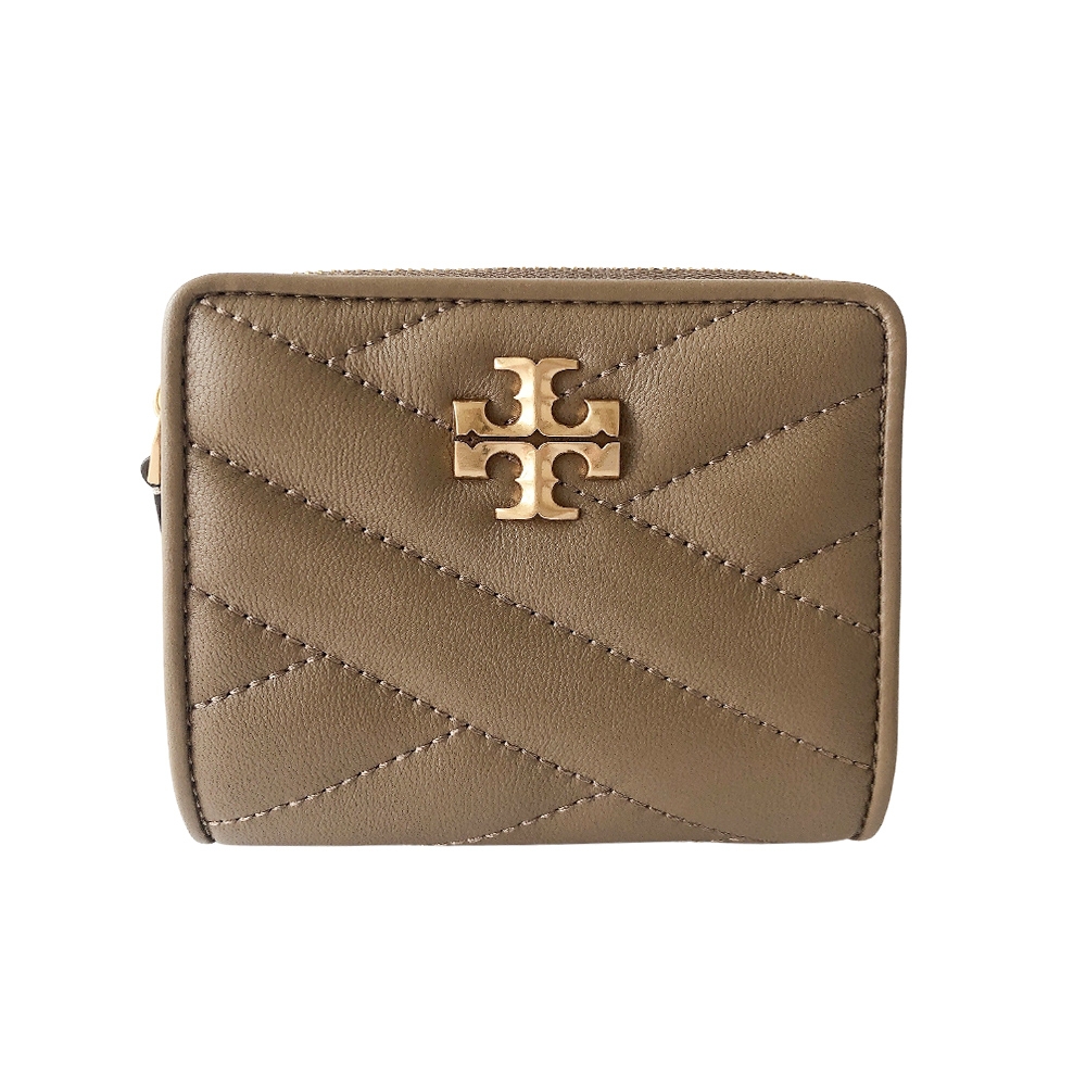 Tory Burch Kira Chevron 羊皮金logo斜紋拉鍊零錢短夾(90344-駝色