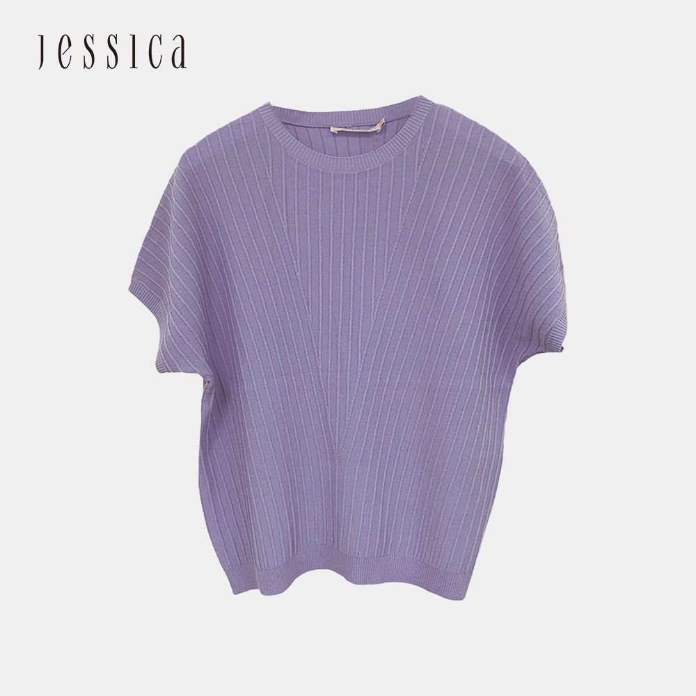 JESSICA - 舒適百搭坑條短袖針織衫21315A（淺紫）