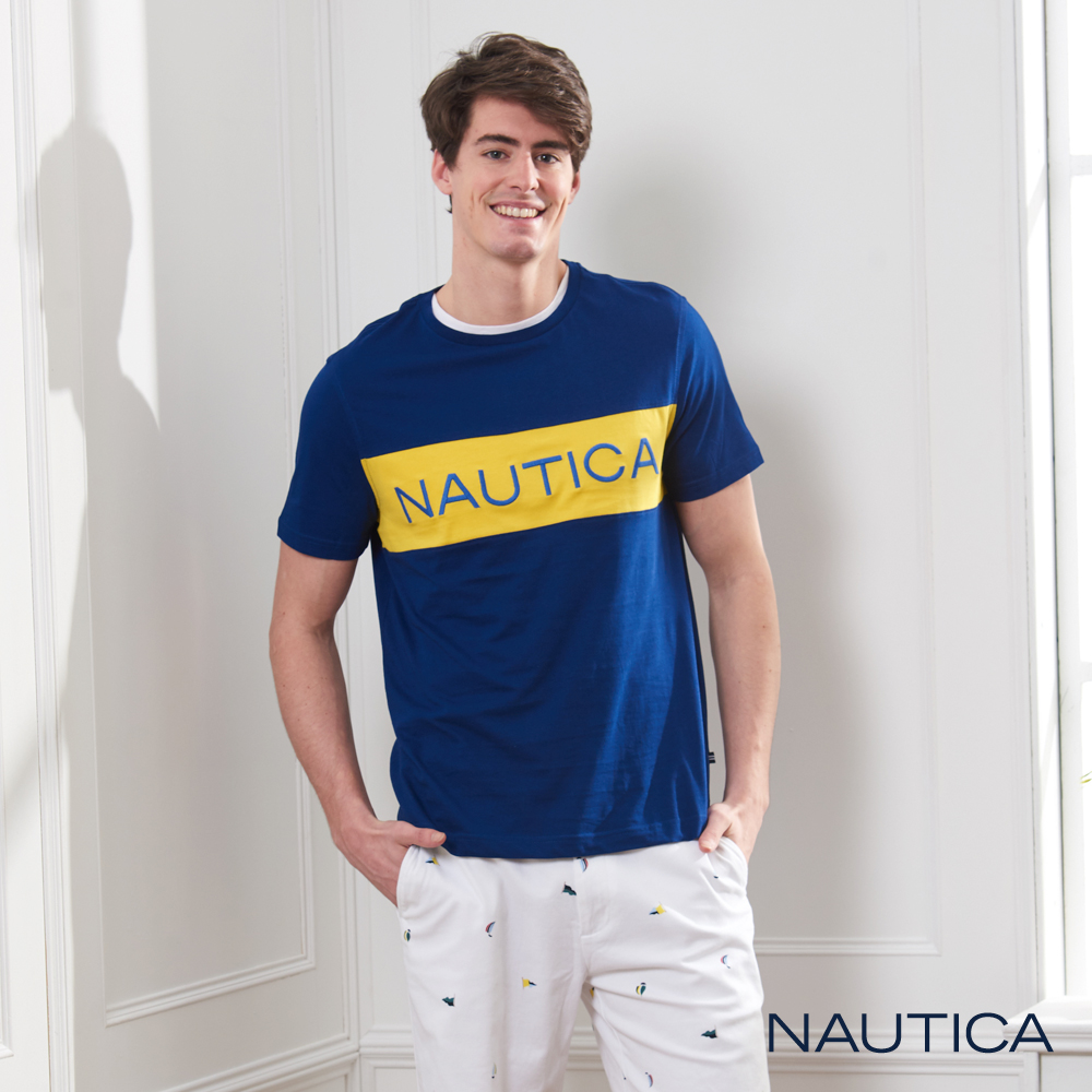 Nautica 撞色拼接LOGO短袖T恤-藍