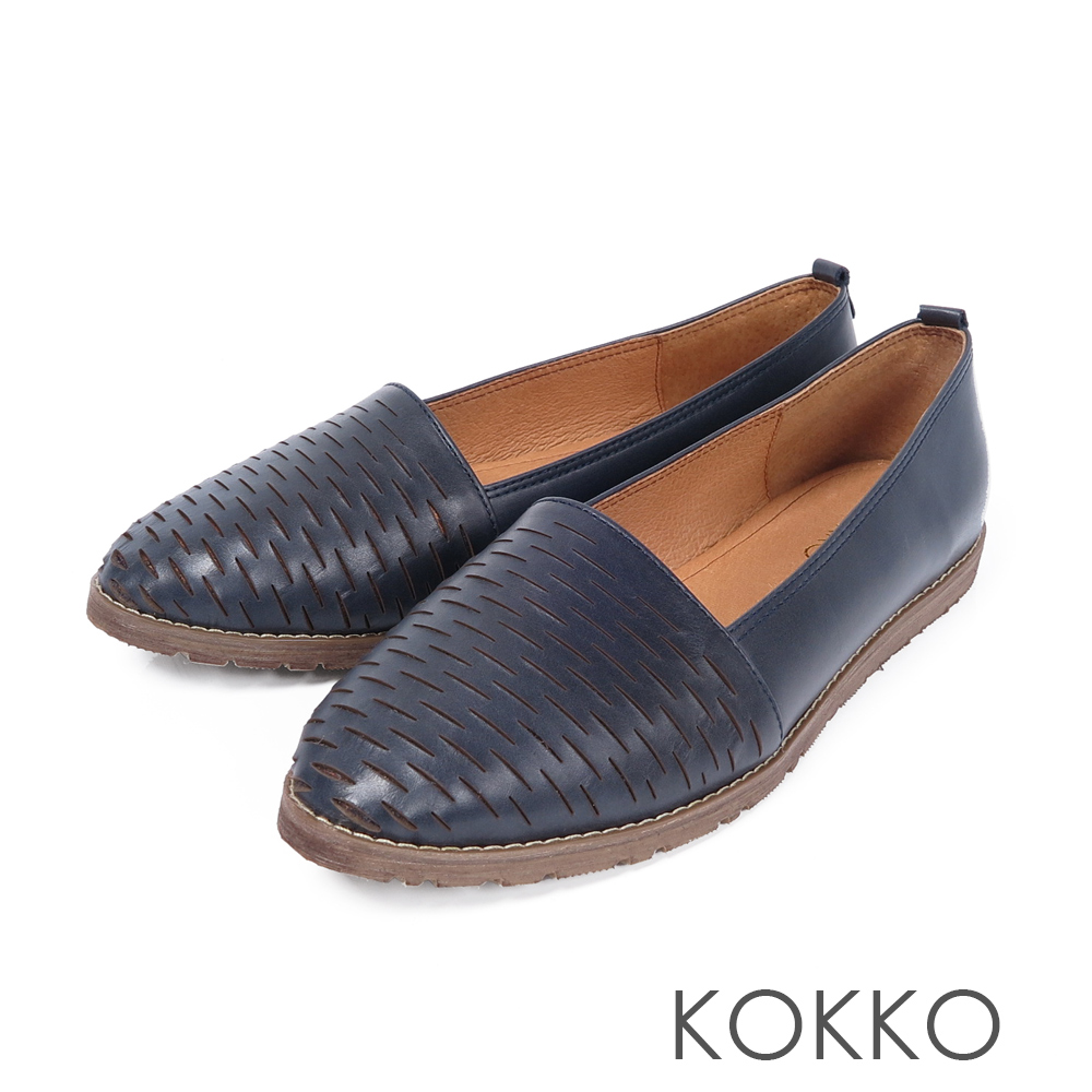 KOKKO -甜蜜舒芙蕾花紋全真皮平底鞋 - 質感藍