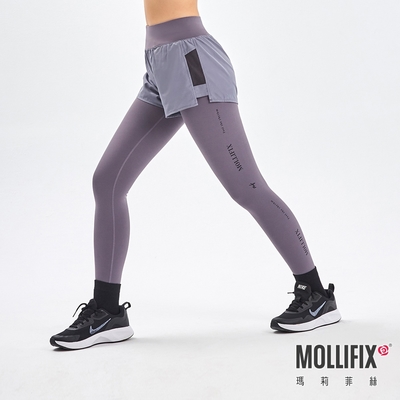 Mollifix 瑪莉菲絲 拼網透氣雙層訓練褲、瑜珈服、Legging(日暮灰)