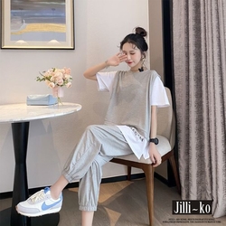 JILLI-KO 韓版假兩件休閒套裝- 灰/黑