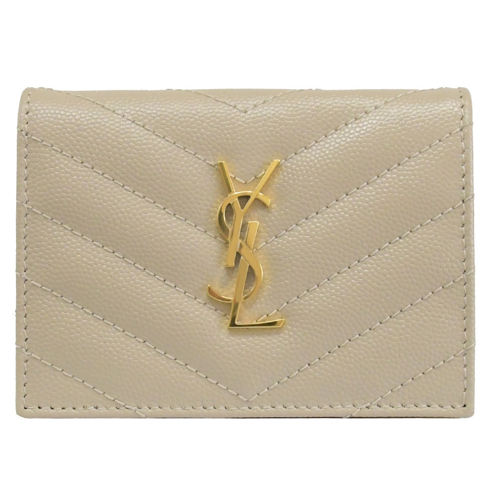 YSL Saint Laurent MONOGRAM  V型車線牛皮釦式零錢短夾(淺褐)