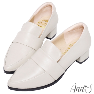 Ann’S時髦復古2.0-頂級綿羊皮韓系粗跟樂福休閒便鞋-米白
