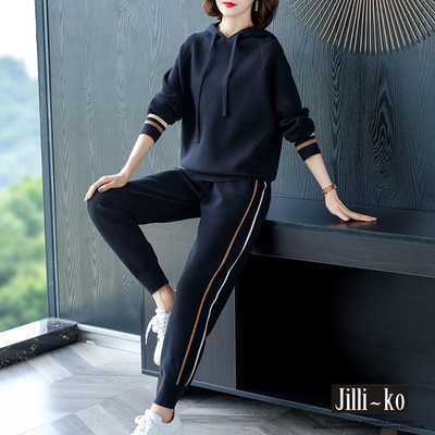 JILLI-KO 兩件套簡約配色連帽運動套裝- 黑/卡其